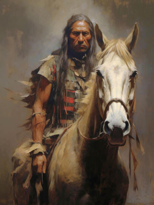 Portrait of an American Indian brave on horseback, wearing traditional attire and a feathered headdress, symbolizing Native American warrior culture and heritage.