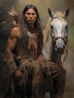 Portrait of an American Indian brave on horseback, dressed in traditional attire with a feathered headdress, symbolizing Native American warrior culture and heritage.