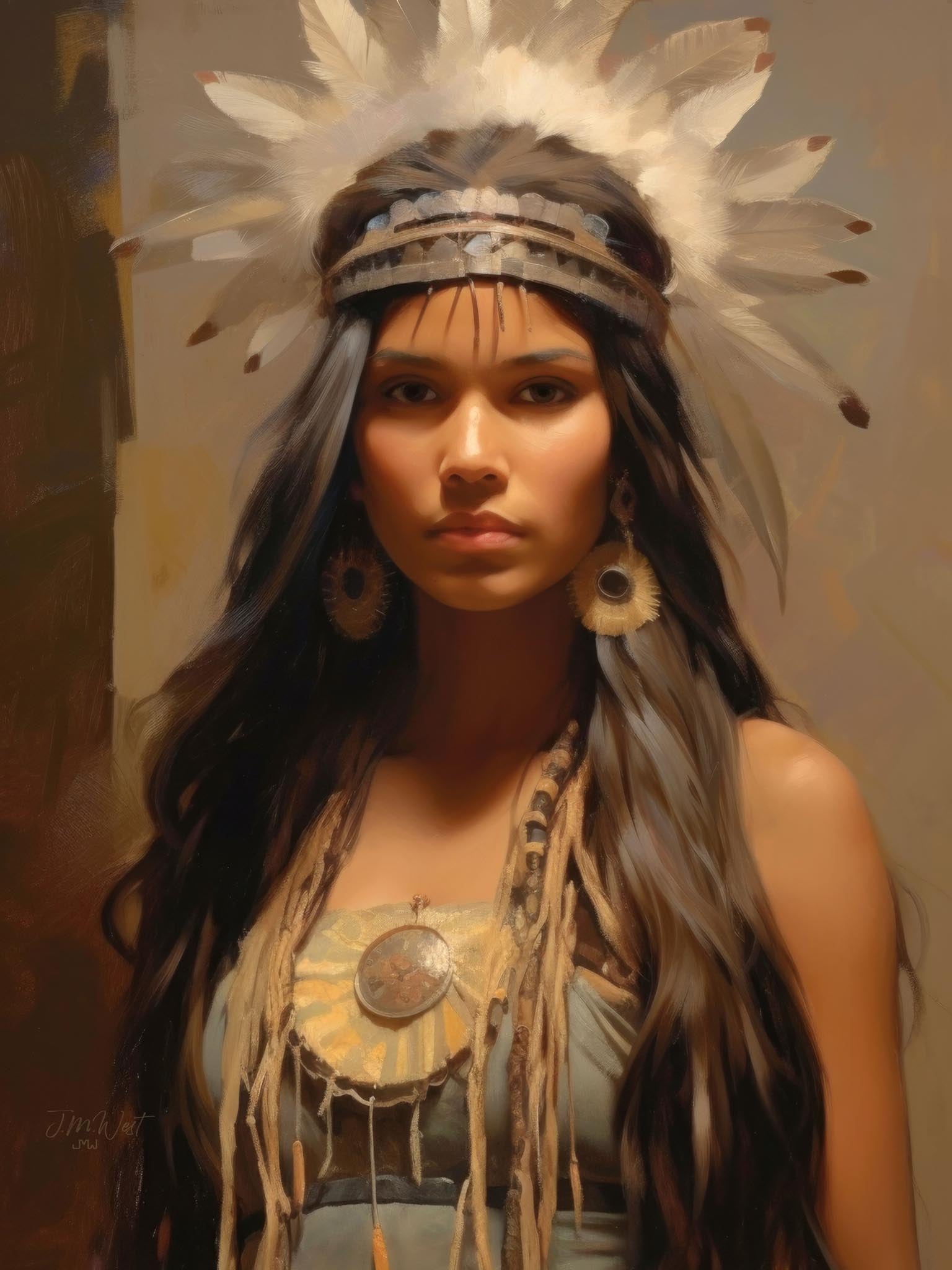 Portrait of an American Indian princess in traditional attire with a feathered headdress, representing the grace and heritage of Native American royalty.