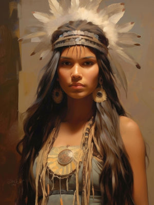 Portrait of an American Indian princess in traditional attire with a feathered headdress, representing the grace and heritage of Native American royalty.