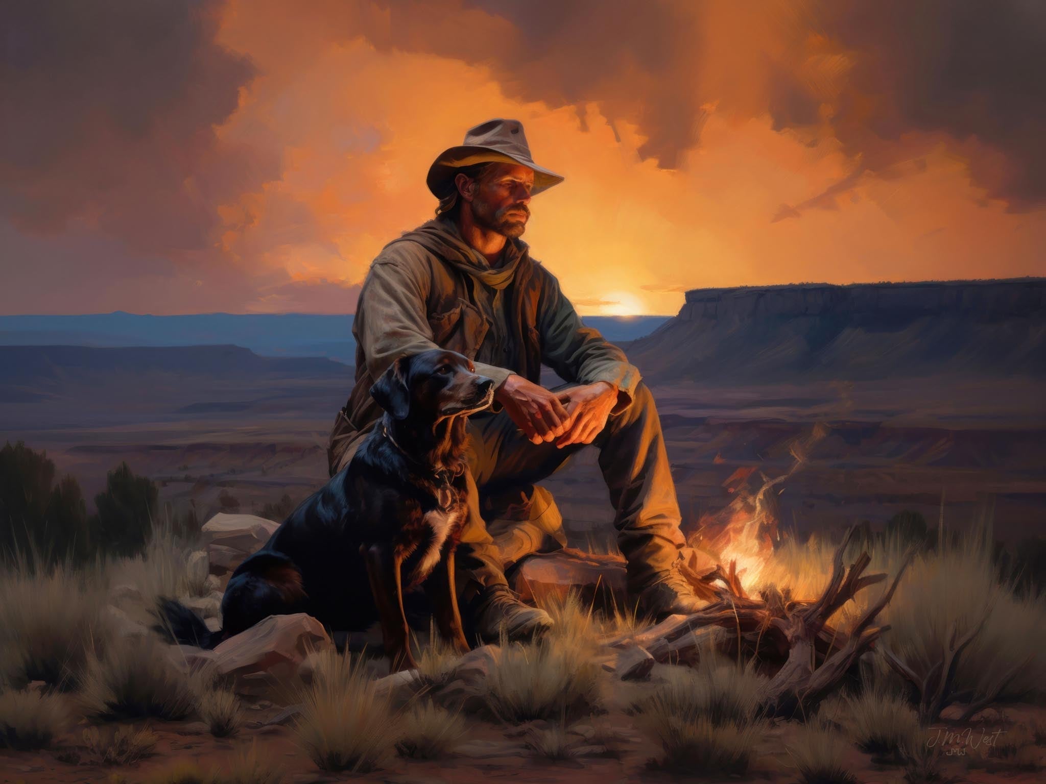 Rugged cowboy and his dog sitting by a campfire at sundown, reflecting the serene and rugged lifestyle of the American West.