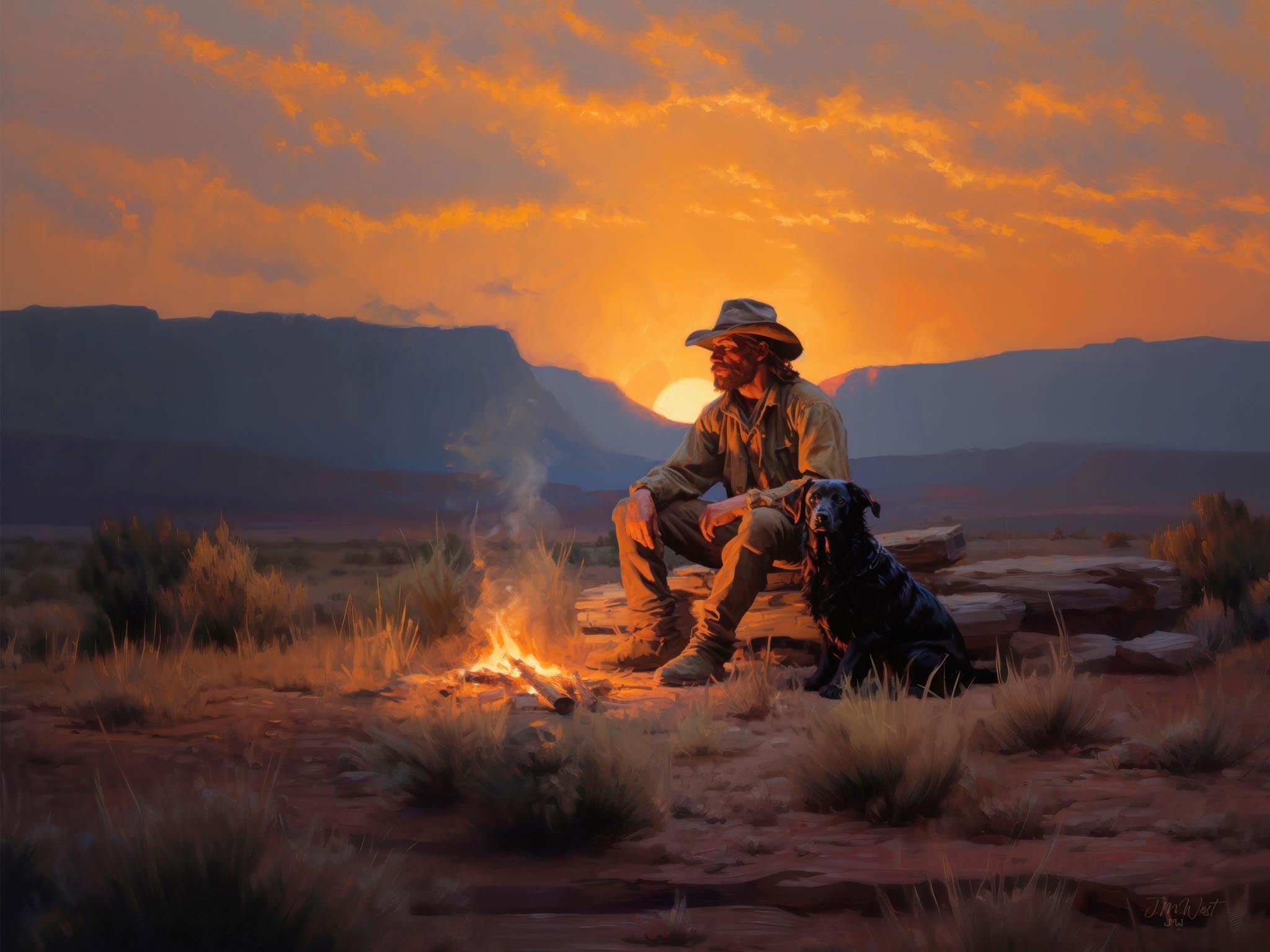 Rugged cowboy and his dog sitting by a campfire at sundown, embodying the peaceful and rugged lifestyle of the American West.