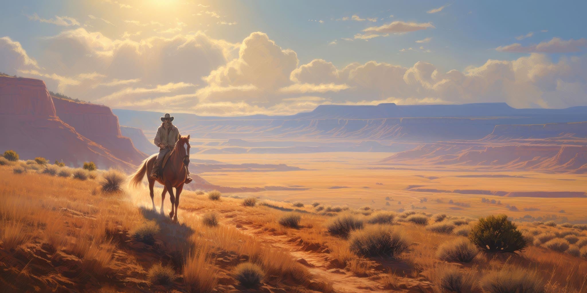 Digitally painted Western landscape showing a lone cowboy on a chestnut horse riding a sun-drenched mesa trail. Red sandstone cliffs rise to the left, a vast golden desert basin stretches to the horizon, and dramatic cumulus clouds billow against a blue sky. Sparse desert scrub and dry grasses fill the foreground with warm amber and burnt orange tones throughout.