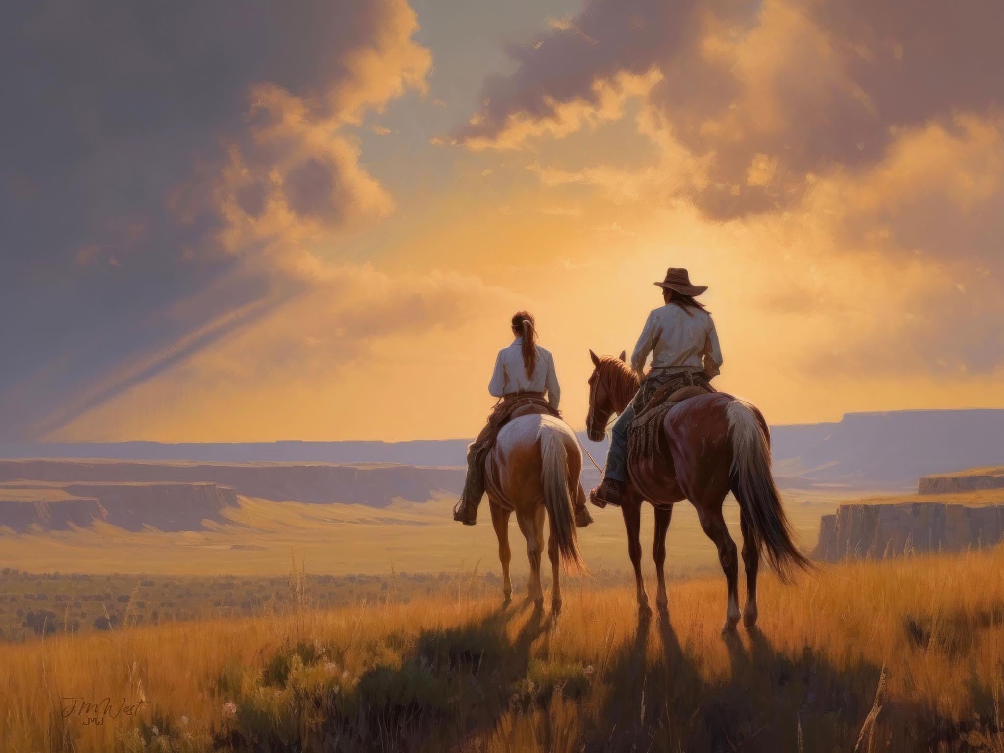 Romantic cowboy couple on horseback riding into a vibrant sunset over the Western landscape, capturing the timeless allure of the American West.