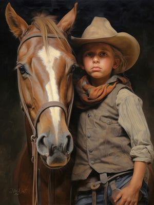 Young buckaroo in cowboy attire with a horse, capturing childhood dreams and rustic Western charm.