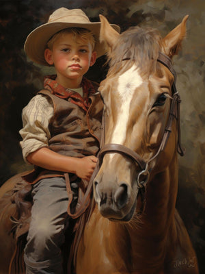 Young buckaroo in vintage cowboy attire, riding a horse, capturing youthful adventure and Western charm.
