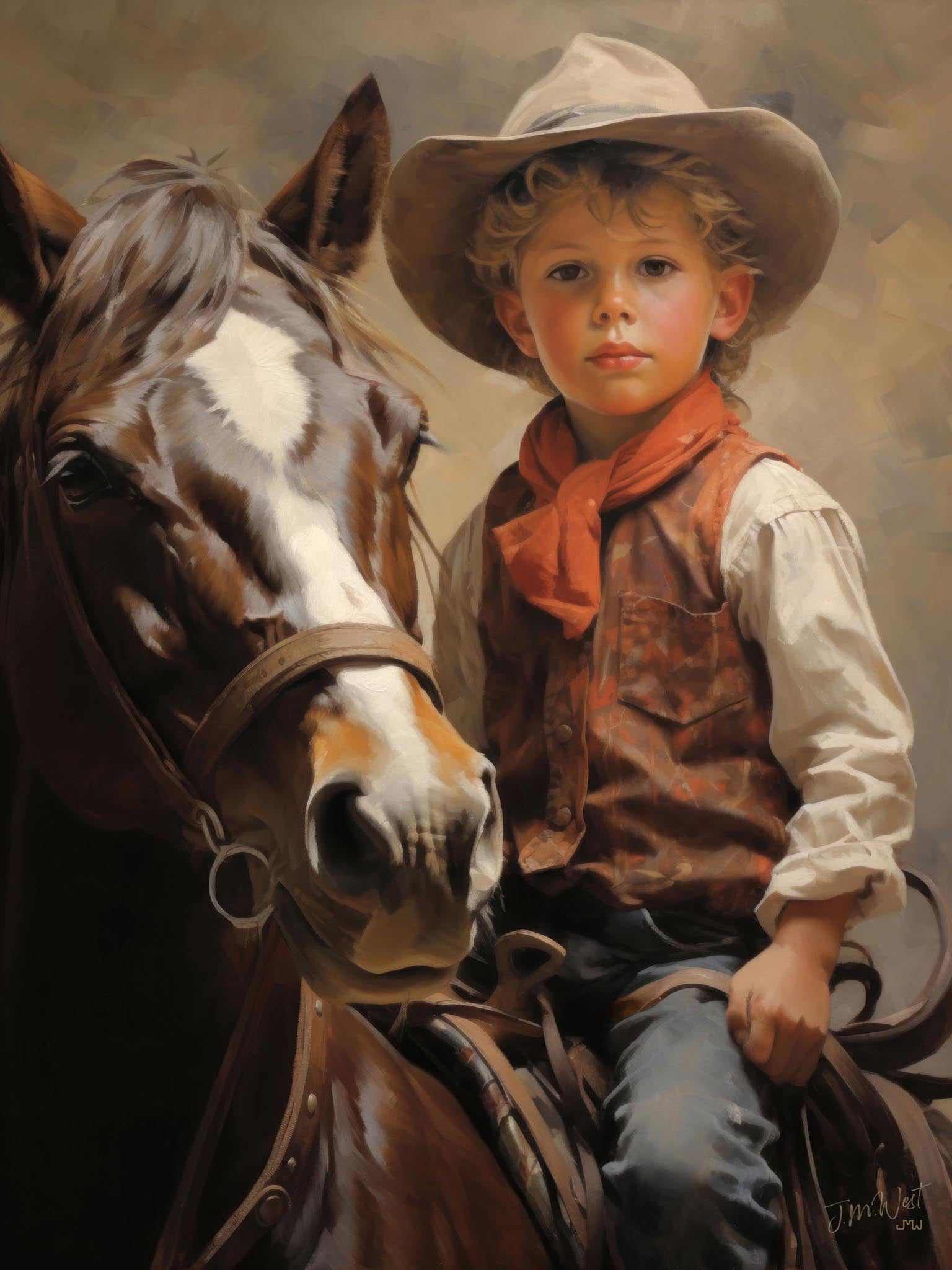 Young buckaroos in vintage cowboy attire, riding horses, capturing childhood adventure and Western charm.