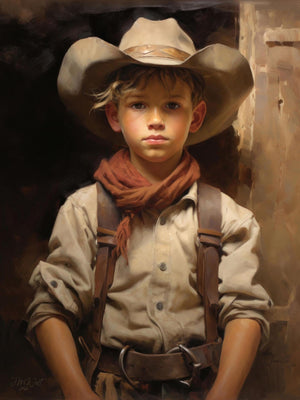 Young boy in vintage cowboy attire, capturing the nostalgic charm of Western fashion and childhood innocence.