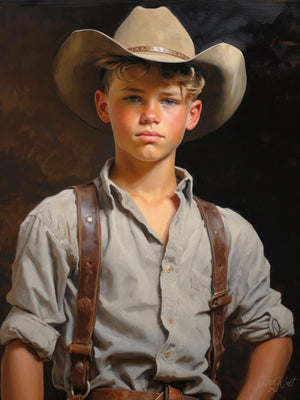 Young boy in vintage cowboy attire, embodying the charm of Western fashion and childhood innocence.