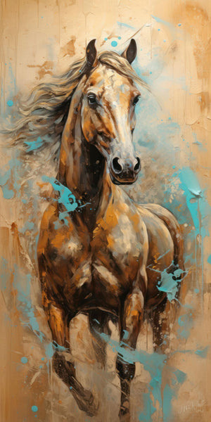Western art print of a brown horse painted with bold brush strokes in beige and brown, and aqua brush strokes, vertical composition, rustic and equestrian style.
