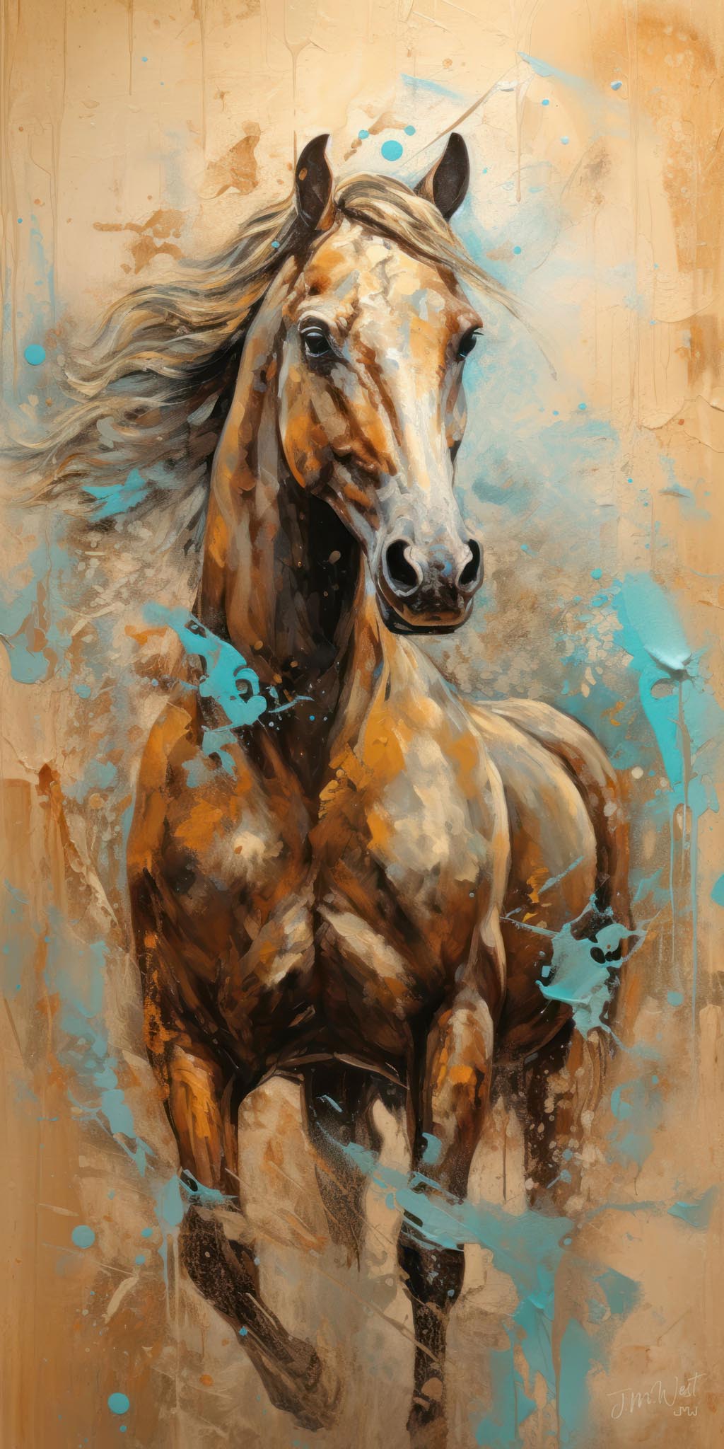 Western art print of a brown horse painted with bold brush strokes in beige and brown, and aqua brush strokes, vertical composition, rustic and equestrian style.
