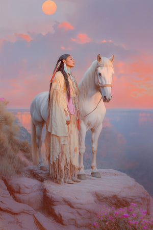 Antique-style photo of a Native American princess meditating beside her white horse on a mesa cliff, surrounded by pink wildflowers, under a sunset sky with soft blue and pink tones.