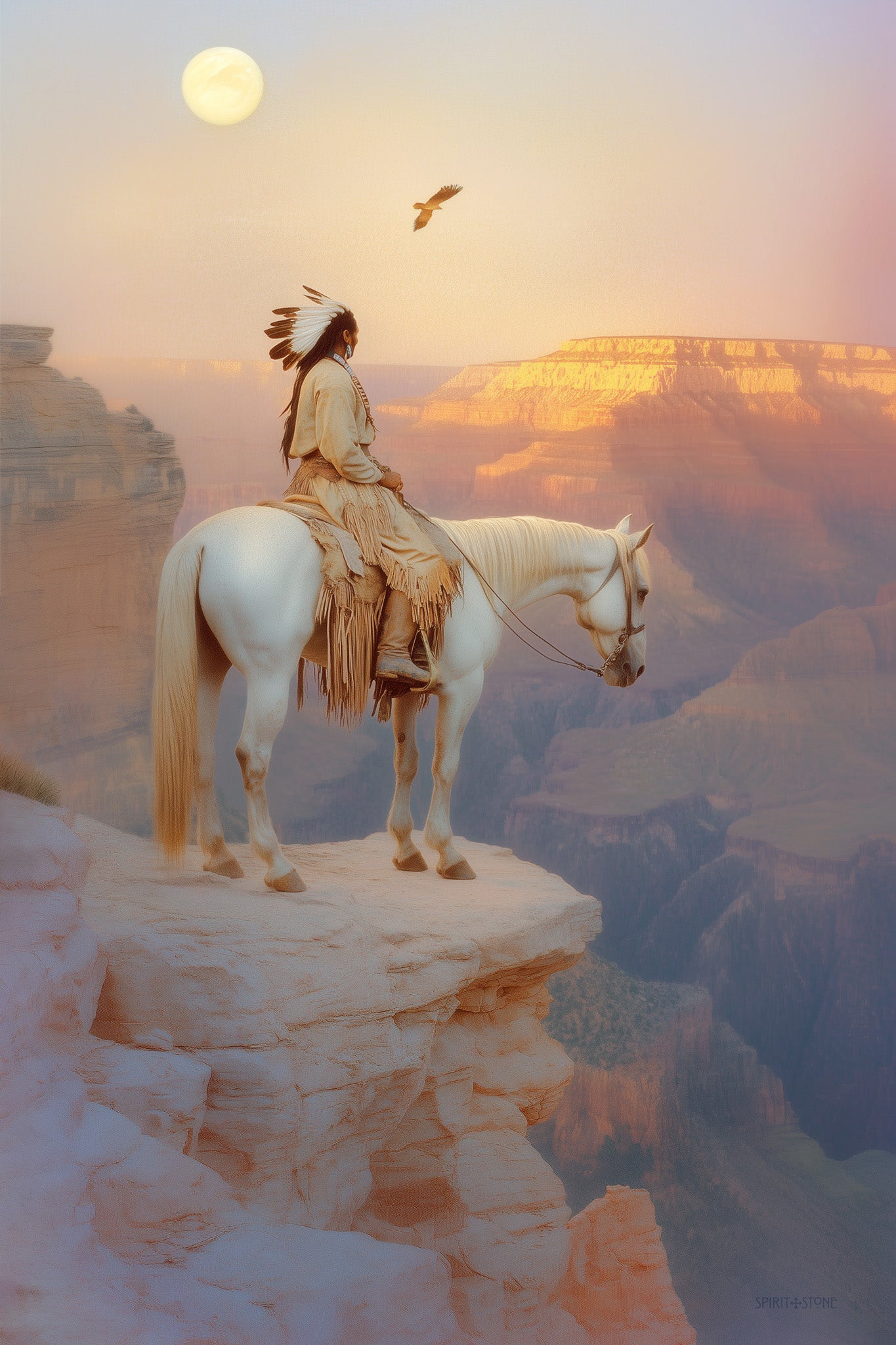 Antique-style photo of a Native American warrior on horseback silhouetted against a vibrant sunset, overlooking a vast wilderness from a high cliff with an eagle flying in the distance.