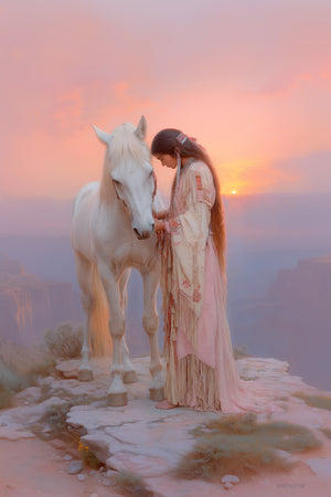 Antique-style photo of a Native American princess with her horse on a cliff edge, overlooking a sunset-lit wilderness with mountains, in soft peach and lavender tones.
