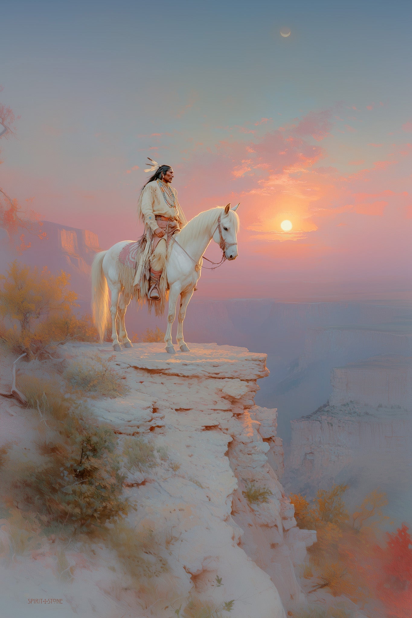 Antique-style photo of a Native American brave on a white horse, silhouetted on a cliff edge overlooking a sunset-lit wilderness with mesas, featuring soft blue tones and a visible moon.