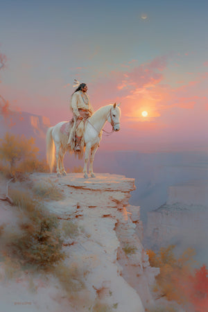 Antique-style photo of a Native American brave on a white horse, silhouetted on a cliff edge overlooking a sunset-lit wilderness with mesas, featuring soft blue tones and a visible moon.