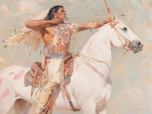 Oil-style painting of a Native American warrior mounted on a white pinto horse, drawing a bow and arrow with focused intensity, wearing fringed leather leggings, beaded necklaces, and feathered headdress elements against a warm impressionistic background in sage, cream, and terracotta tones.