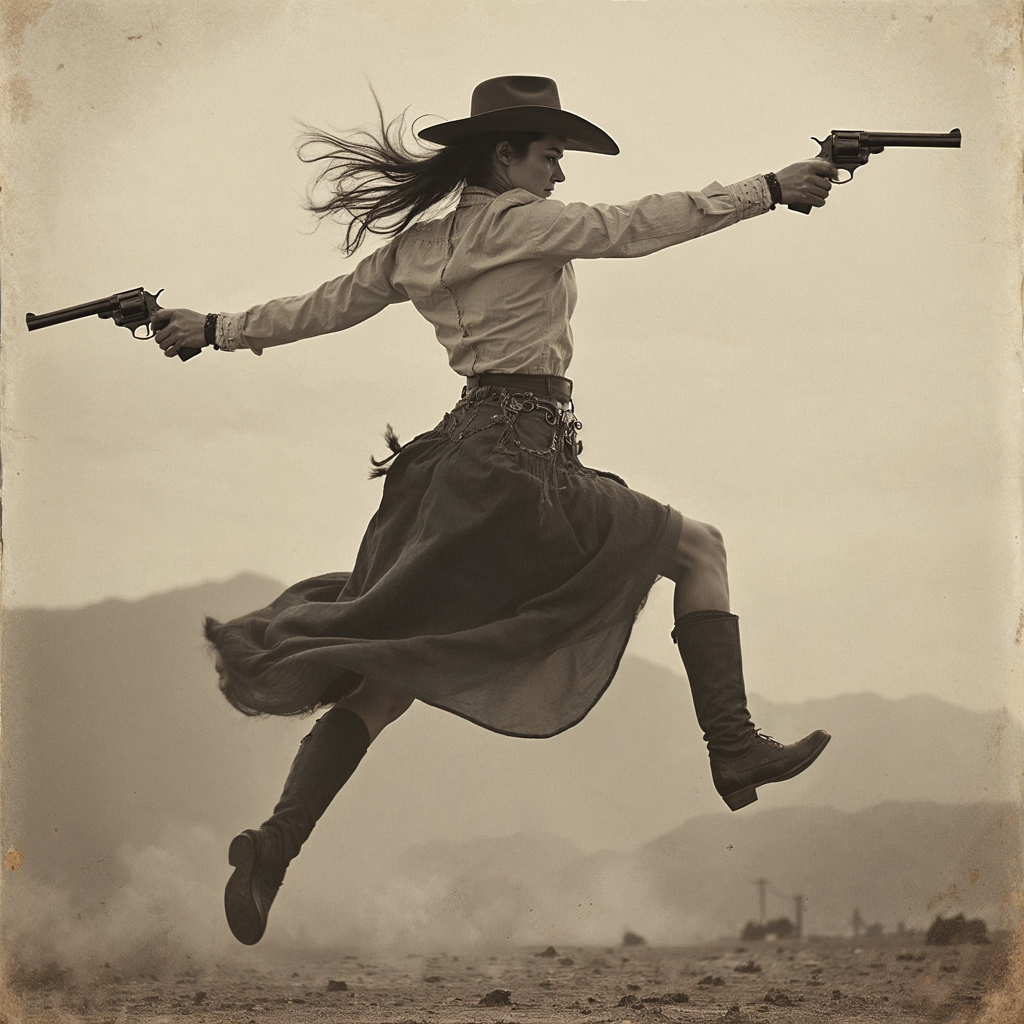 Sepia-toned vintage-style art print of a female gunslinger mid-leap in a desert landscape, wearing a wide-brimmed cowboy hat, frontier shirt, dark skirt, and knee-high boots, holding two revolvers outstretched with mountains in the background.