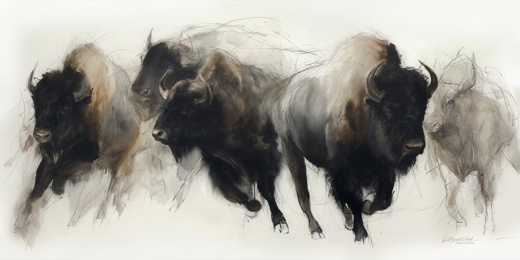 Mixed-media art print of four American bison moving left to right across a white ground, rendered in expressive charcoal linework, ink wash, and warm brown washes by artist Jay Bryant Ward.