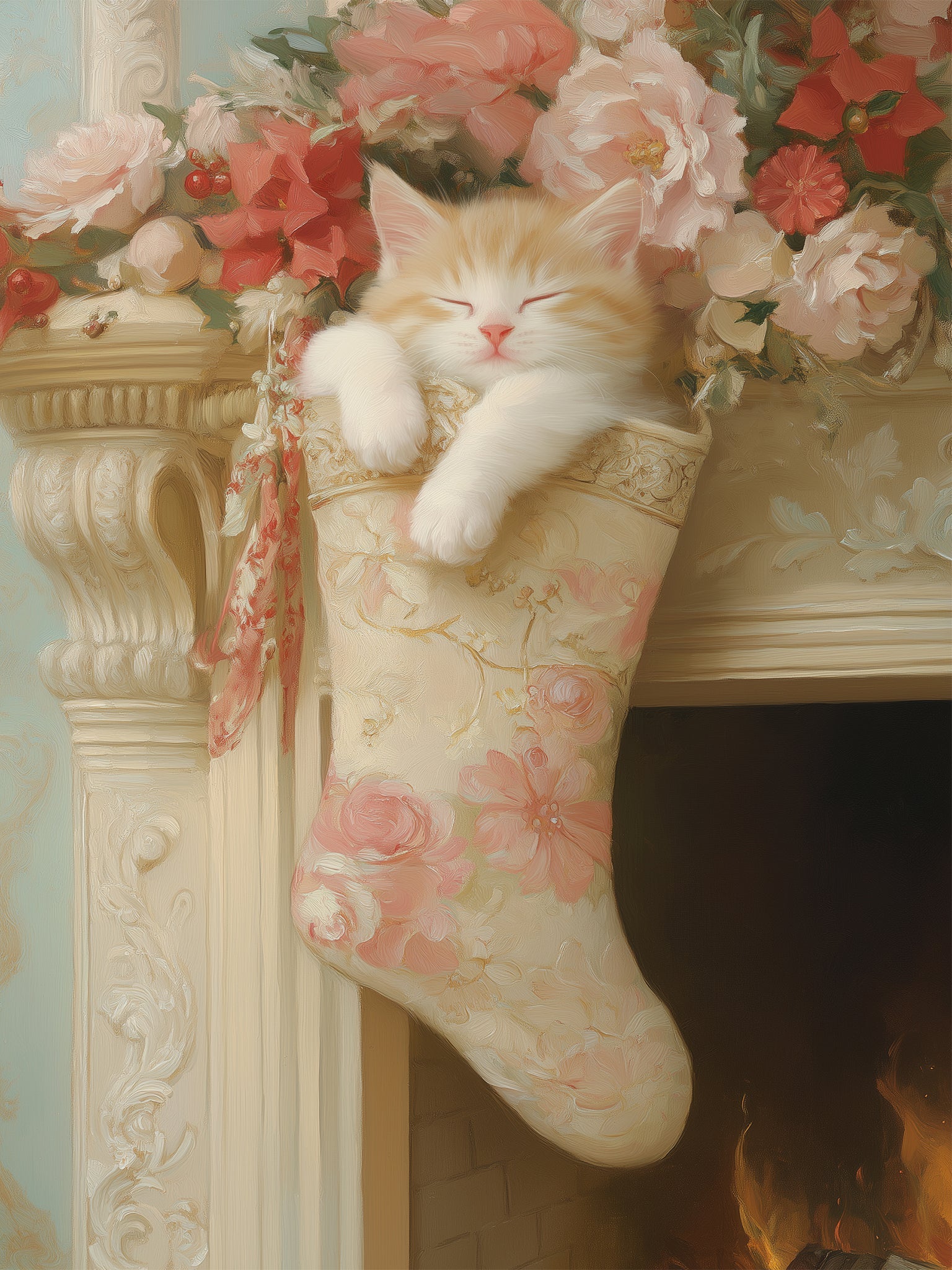 Detailed painting of a little sleeping kitten curled up inside an elegant Christmas stocking hanging from a fireplace mantle, depicted in the intricate and whimsical style of James Christensen.