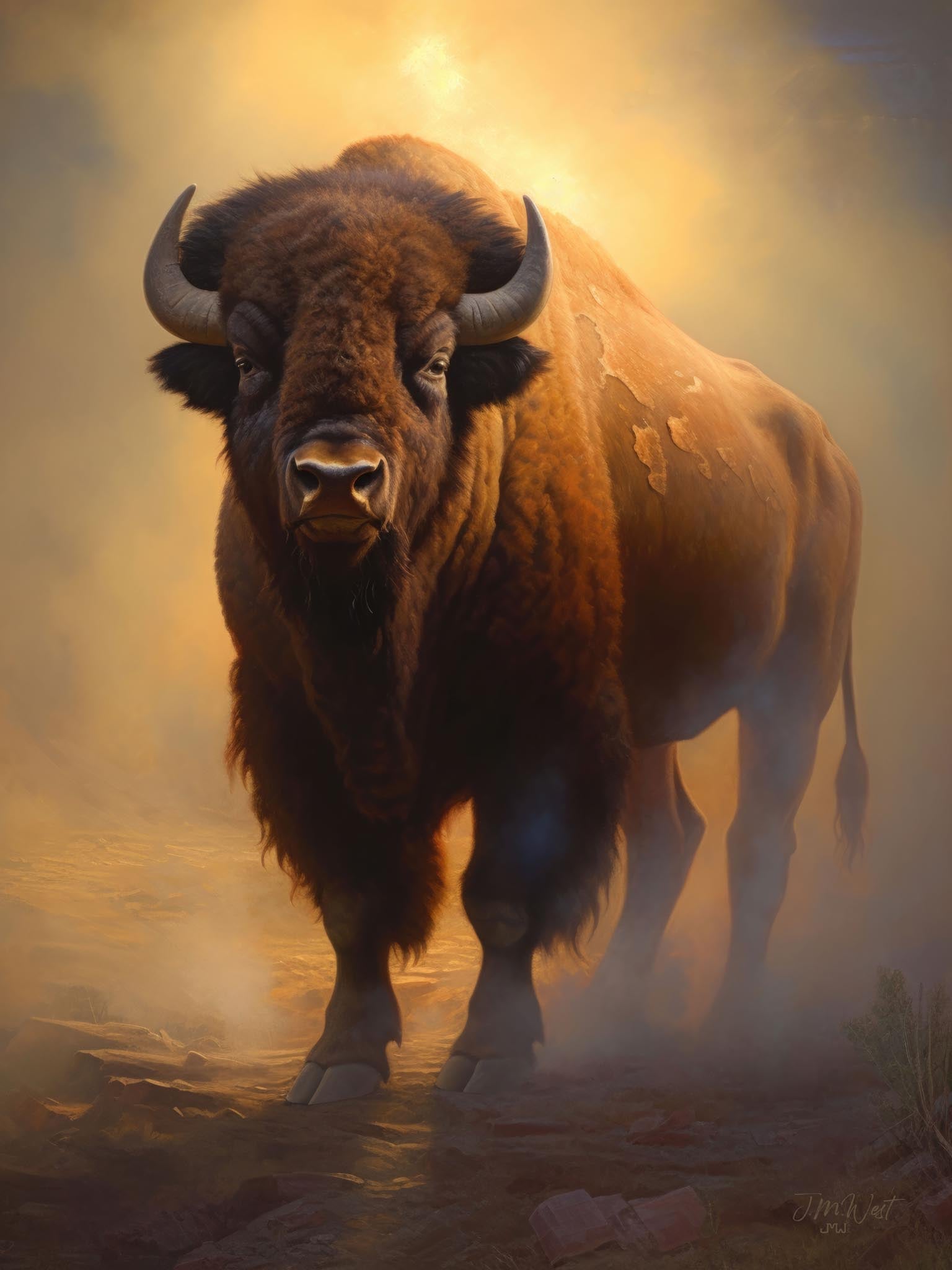 Backlit buffalo or bison in a dusty field 