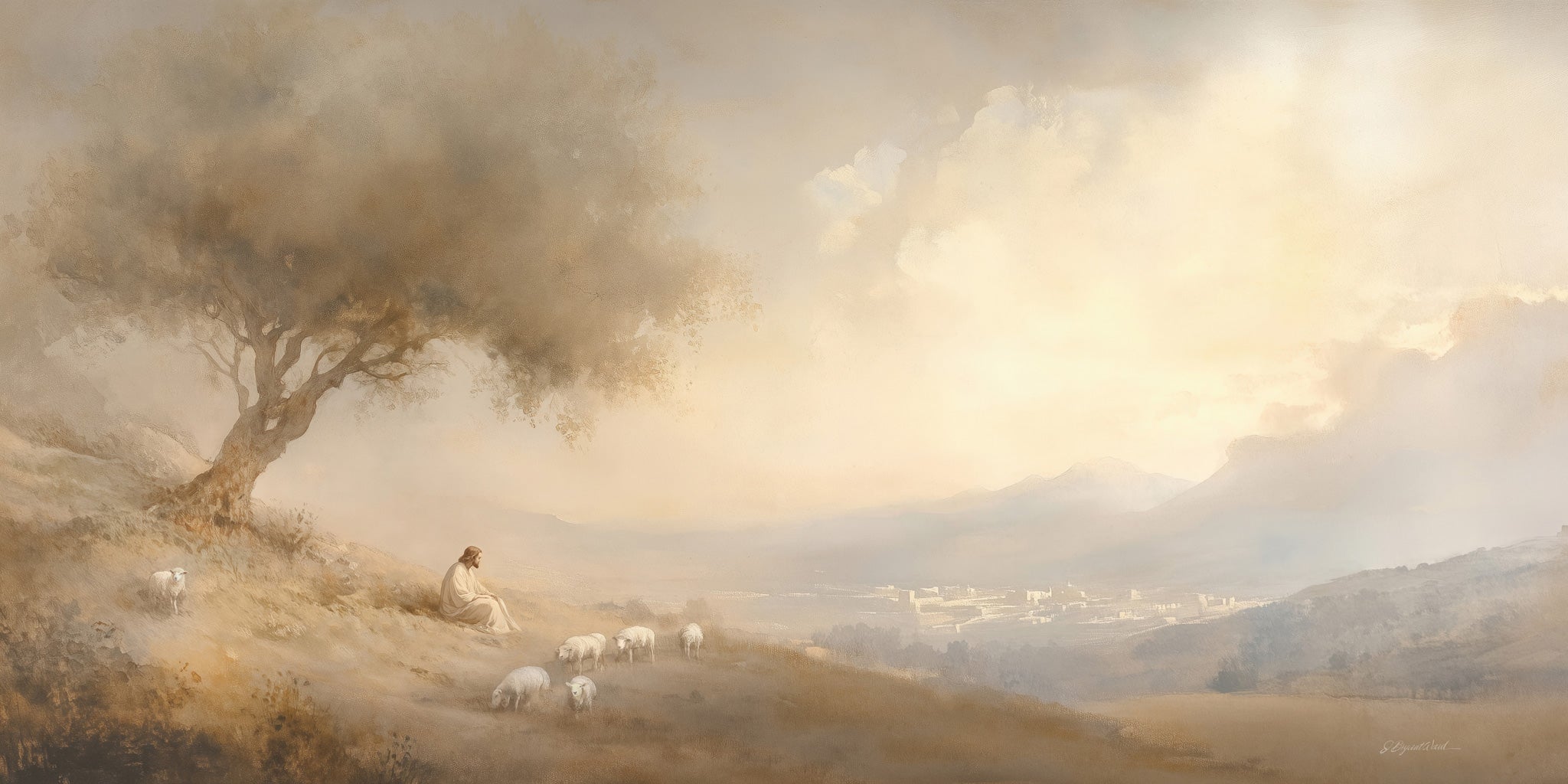 Fine art print depicting a robed figure in the likeness of Jesus Christ seated peacefully on a golden hillside beneath a gnarled olive tree, with white sheep grazing nearby and a misty valley evoking ancient Jerusalem in the background, rendered in warm ivory, wheat, and soft gold tones with diffused heavenly light breaking through clouds above.