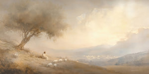 Fine art print depicting a robed figure in the likeness of Jesus Christ seated peacefully on a golden hillside beneath a gnarled olive tree, with white sheep grazing nearby and a misty valley evoking ancient Jerusalem in the background, rendered in warm ivory, wheat, and soft gold tones with diffused heavenly light breaking through clouds above.