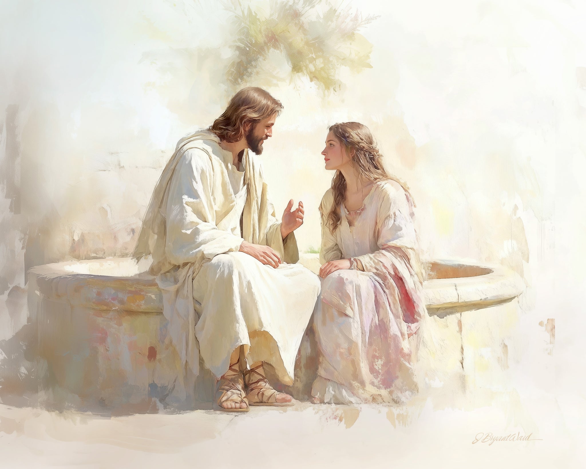 Soft watercolor-style fine art painting by Jay Bryant Ward depicting Jesus seated beside a stone well in gentle conversation with a young woman in muted rose and cream robes, surrounded by warm ethereal light and soft painted foliage, referencing the biblical account of John chapter 4.