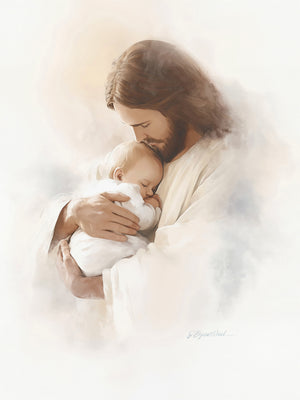 Watercolor-style devotional art print depicting Jesus Christ in white robes tenderly cradling a sleeping infant against his chest, head bowed in love, set against a soft ethereal background of gold, white, and gray tones. Artist signature J. Bryant Ward visible lower right.