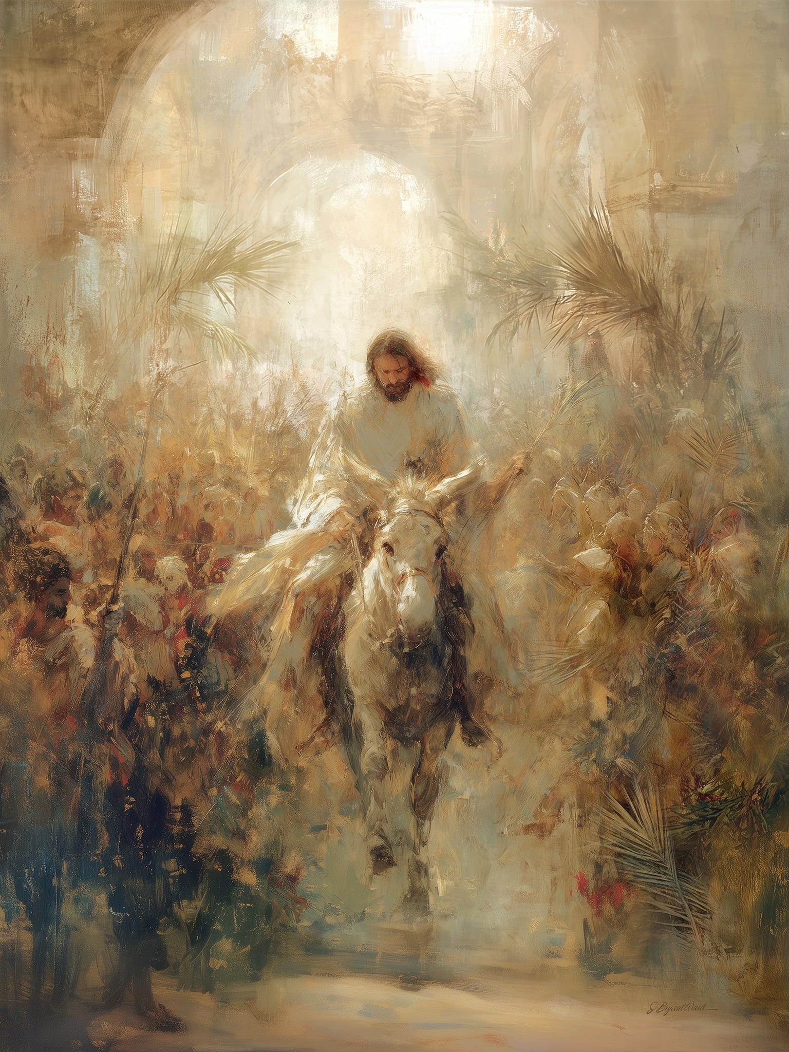 Impressionistic painting of the Triumphal Entry of Jesus Christ into Jerusalem on Palm Sunday. A white-robed figure rides a donkey through a crowd waving palm branches, with warm golden light radiating behind him and arched Jerusalem gate architecture in the background.