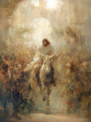 Impressionistic painting of the Triumphal Entry of Jesus Christ into Jerusalem on Palm Sunday. A white-robed figure rides a donkey through a crowd waving palm branches, with warm golden light radiating behind him and arched Jerusalem gate architecture in the background.