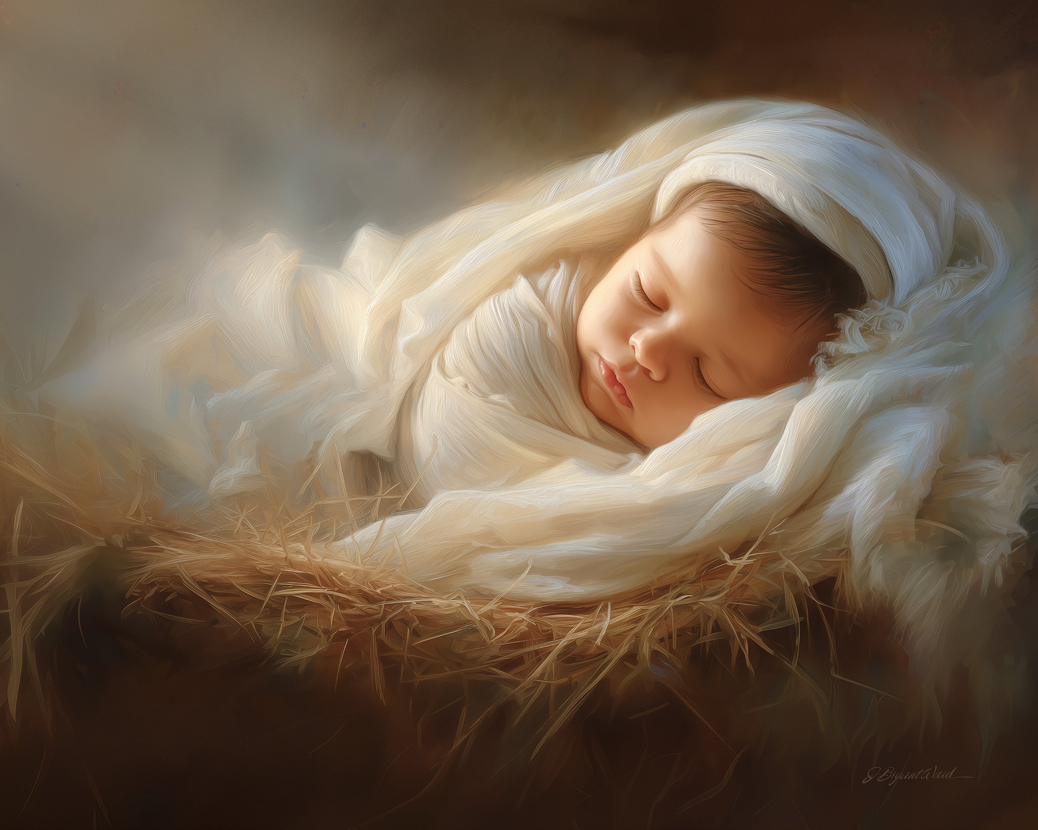 Digital painting of a sleeping newborn infant swaddled in white cloth and resting in golden straw, representing the infant Jesus in the manger, rendered in warm chiaroscuro lighting with a luminous, painterly quality by artist Jay Bryant Ward.