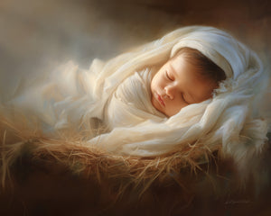 Digital painting of a sleeping newborn infant swaddled in white cloth and resting in golden straw, representing the infant Jesus in the manger, rendered in warm chiaroscuro lighting with a luminous, painterly quality by artist Jay Bryant Ward.