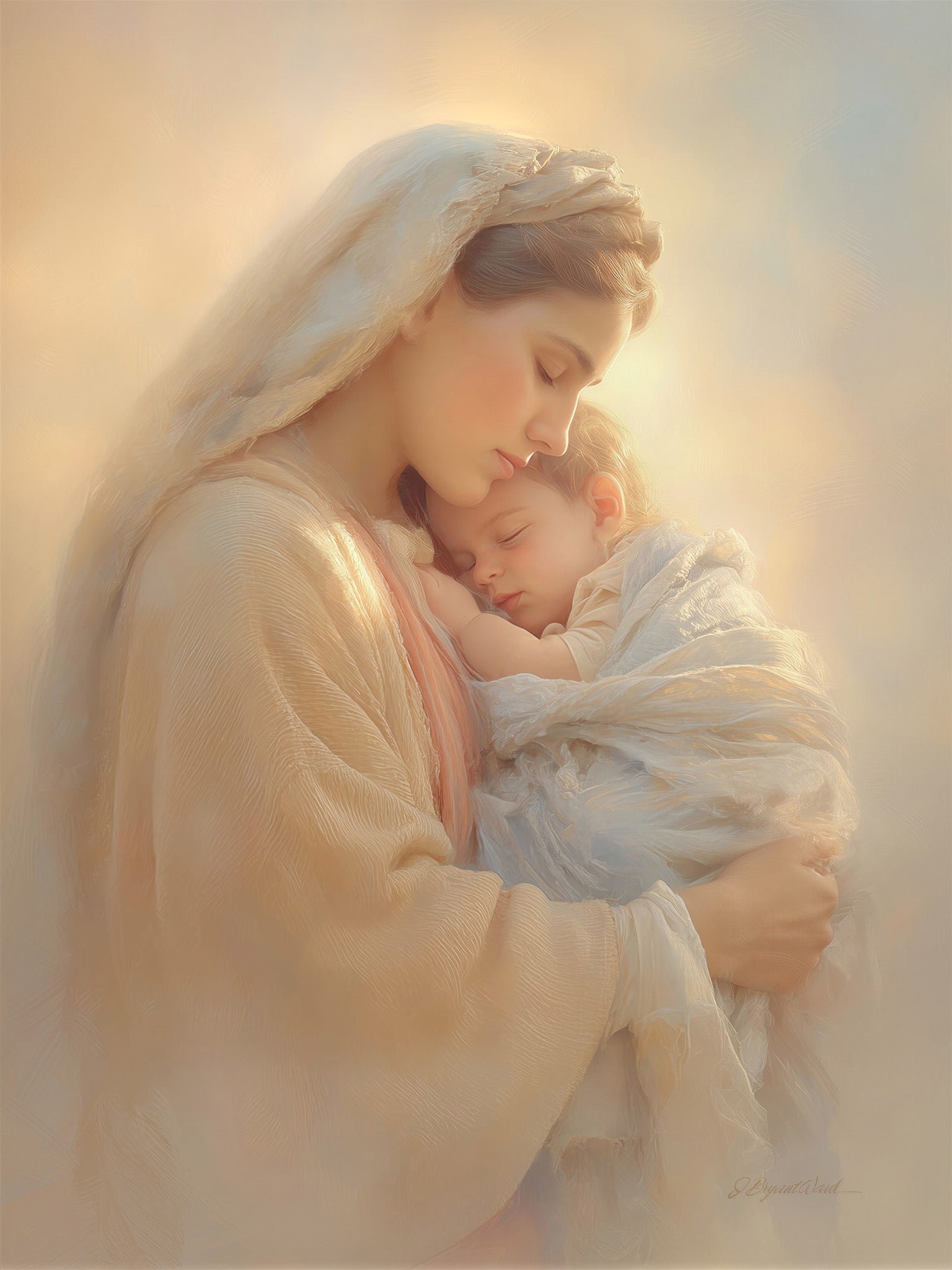 A softly rendered devotional painting of the Virgin Mary in a cream veil and gown, eyes closed, cheek gently resting against the sleeping infant Jesus who is swaddled in white linen. Warm golden-white and peach light radiates around them against a luminous ivory background, evoking a heavenly, serene atmosphere. Art print by Jay Bryant Ward.