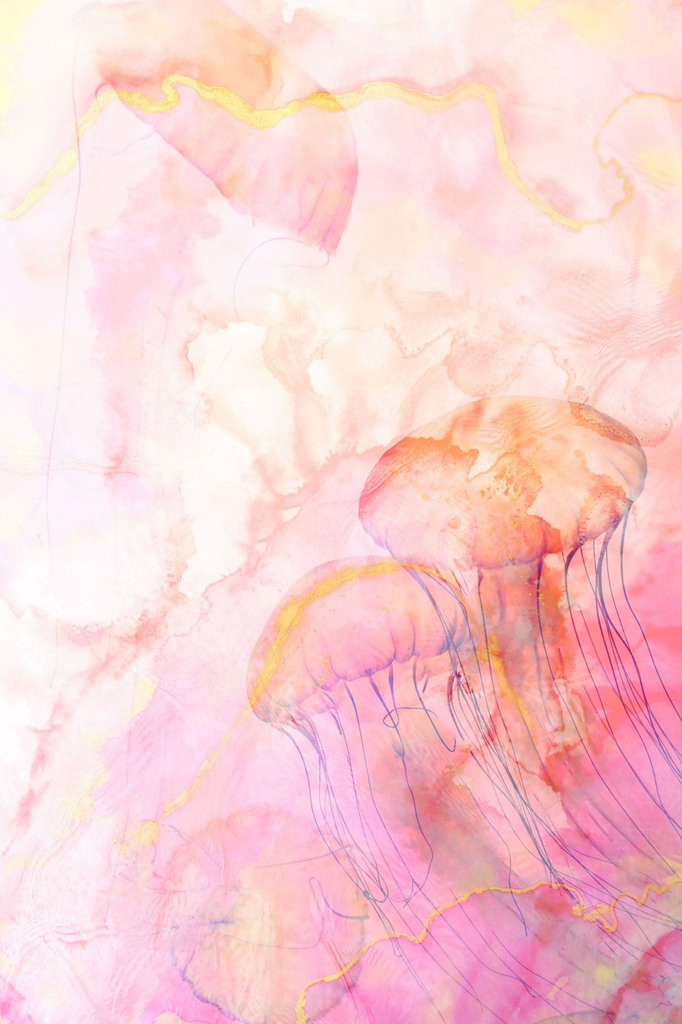 Modern, abstract jellyfish illustration in pink, white, rose gold, and yellow, with flowing watercolor brushstrokes on a textured backdrop.