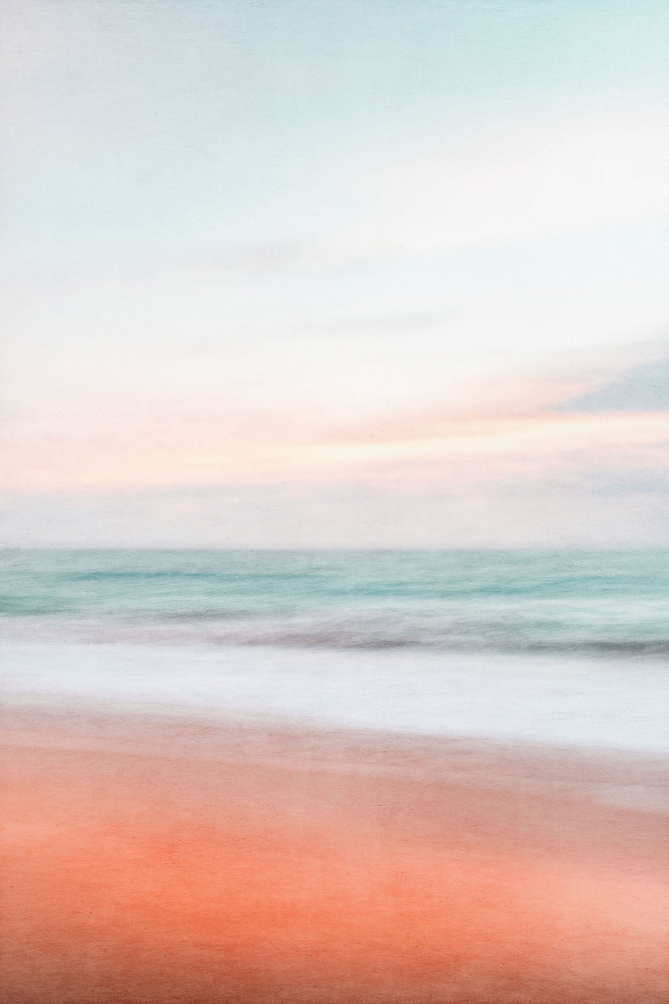 Abstract coastal seascape with pastel tones of pink, blue, and orange in a tranquil motion.