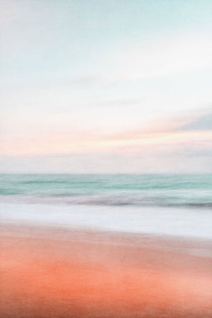 Abstract coastal seascape with pastel tones of pink, blue, and orange in a tranquil motion.