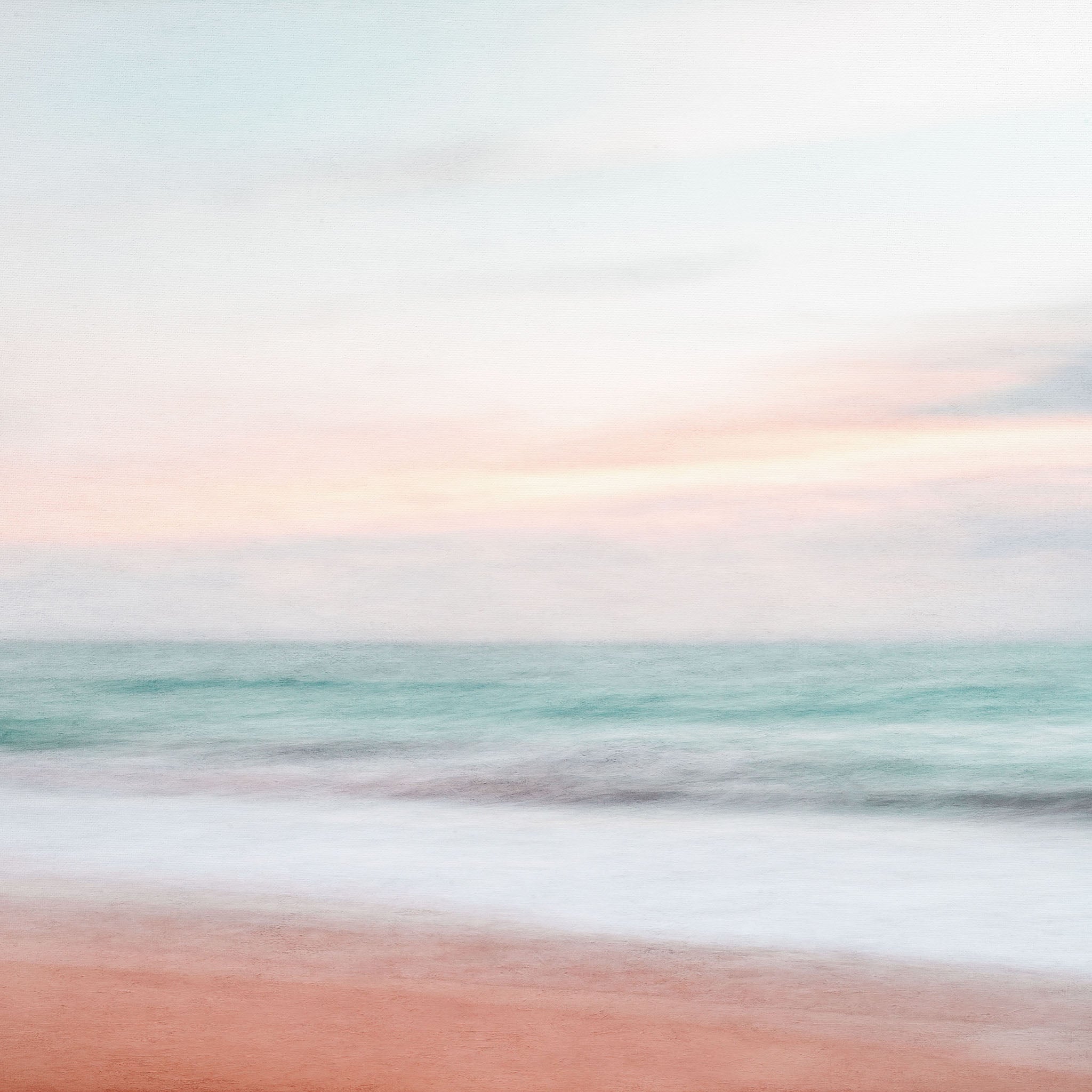 "Motion of the Ocean II" - Abstract coastal landscape art with pastel hues and blurred motion, capturing the tranquility of a serene shoreline at dusk.