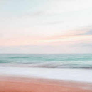 "Motion of the Ocean II" - Abstract coastal landscape art with pastel hues and blurred motion, capturing the tranquility of a serene shoreline at dusk.