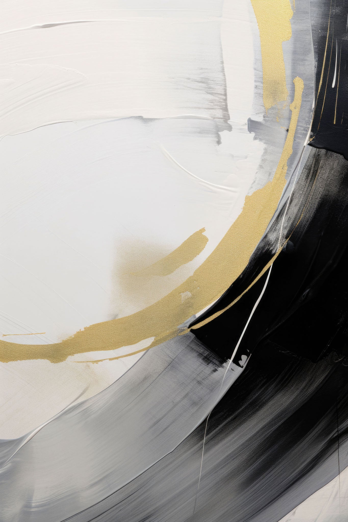 Neutral abstract art featuring dynamic fluid motion with swirls in black, white, and gray with a soft yellow accent.