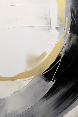 Neutral abstract art featuring dynamic fluid motion with swirls in black, white, and gray with a soft yellow accent.