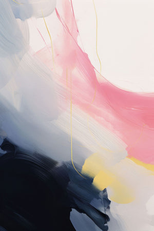 Abstract art with pink, yellow, black, white, and gray, showcasing dynamic brushstrokes and fluid textures.