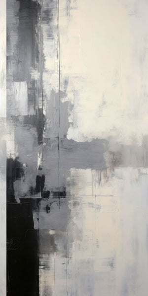 Contemporary abstract art featuring bold brush strokes in black, white, gray, and beige, showcasing a minimalist design with dynamic texture and elegant contrasts.