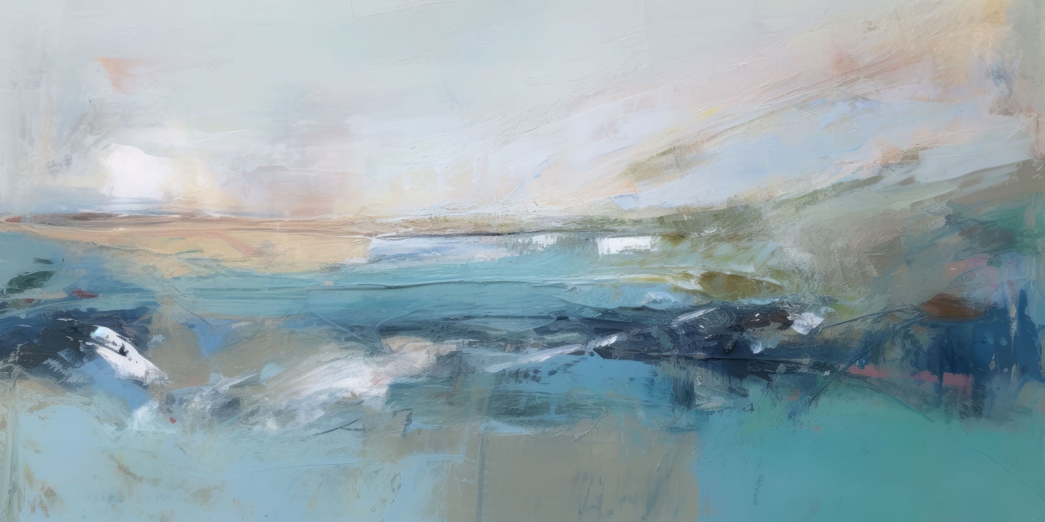 Contemporary abstract painting showcasing a serene coastal landscape with pastel blues, whites, and grays, evoking tranquility and the gentle beauty of the ocean.