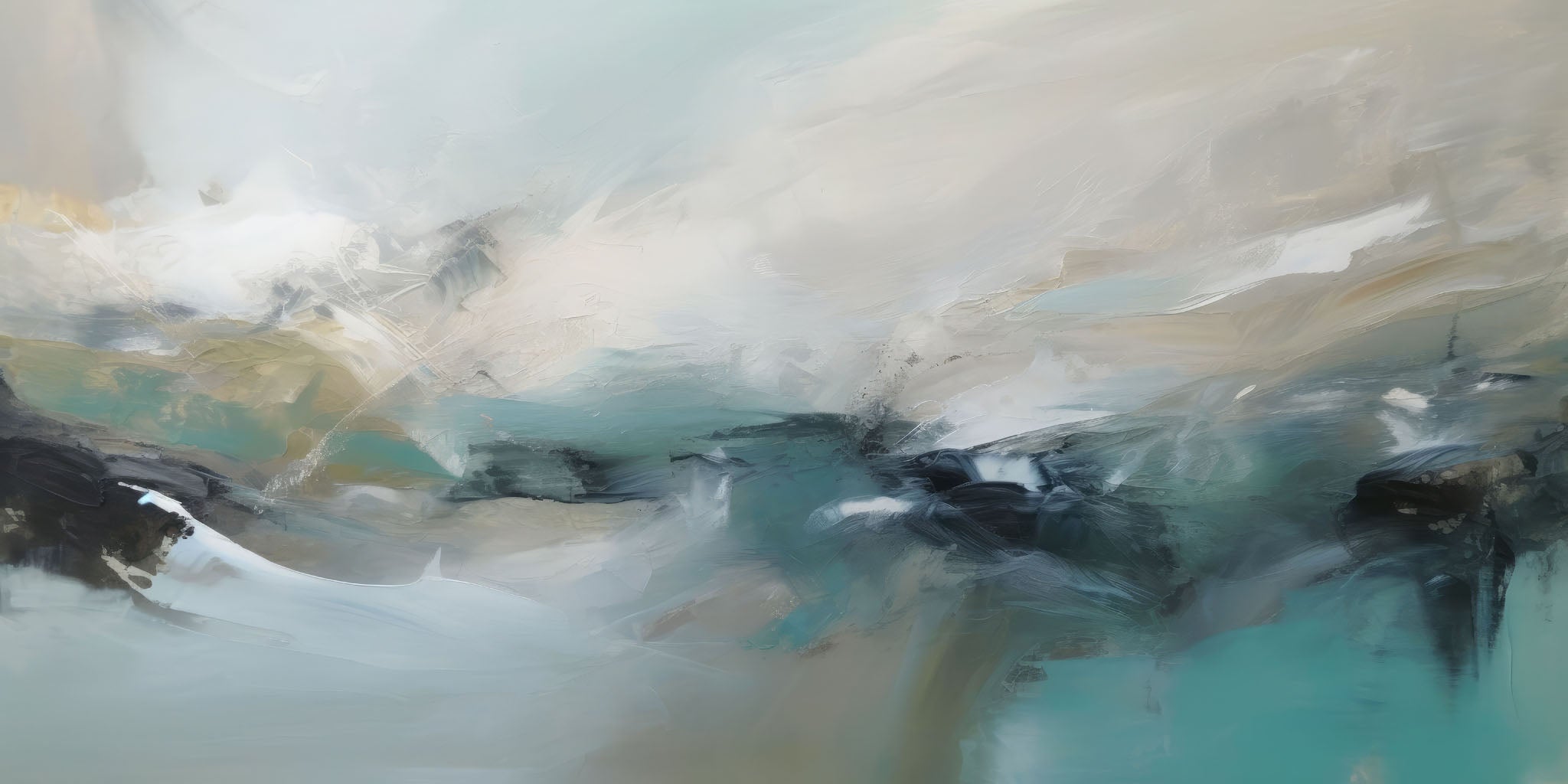 Contemporary abstract painting featuring soft aquamarine, white, and taupe tones, capturing the essence of ocean waves and serene coastal beauty.