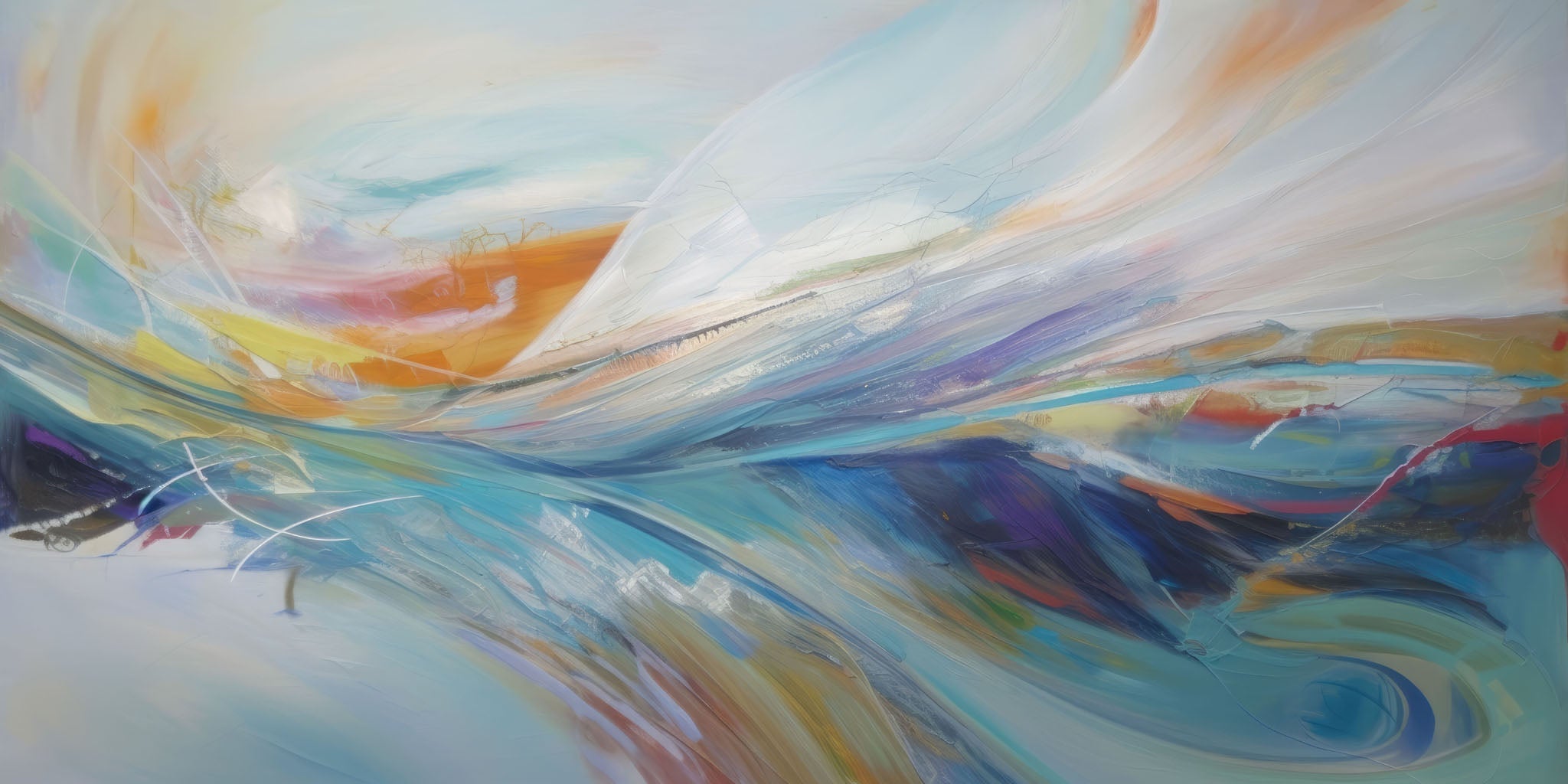 Contemporary abstract painting featuring dynamic swirls in blue, orange, and white, capturing the fluid energy of ocean waves and evoking a soothing, vibrant ambiance.