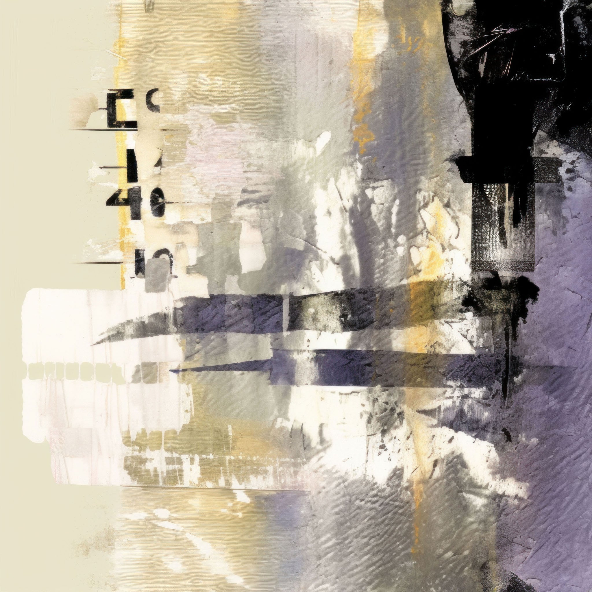 Typo - 2040 abstract modern art with textured brushstrokes in black, gold, gray, and beige, featuring numerical elements and creative design.