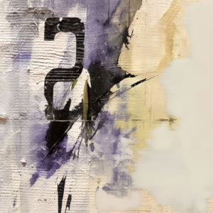 Typo - Too Two to 2 abstract modern art with grunge-style numerals in black, violet, yellow, and beige, featuring bold brushstrokes and textured canvas.