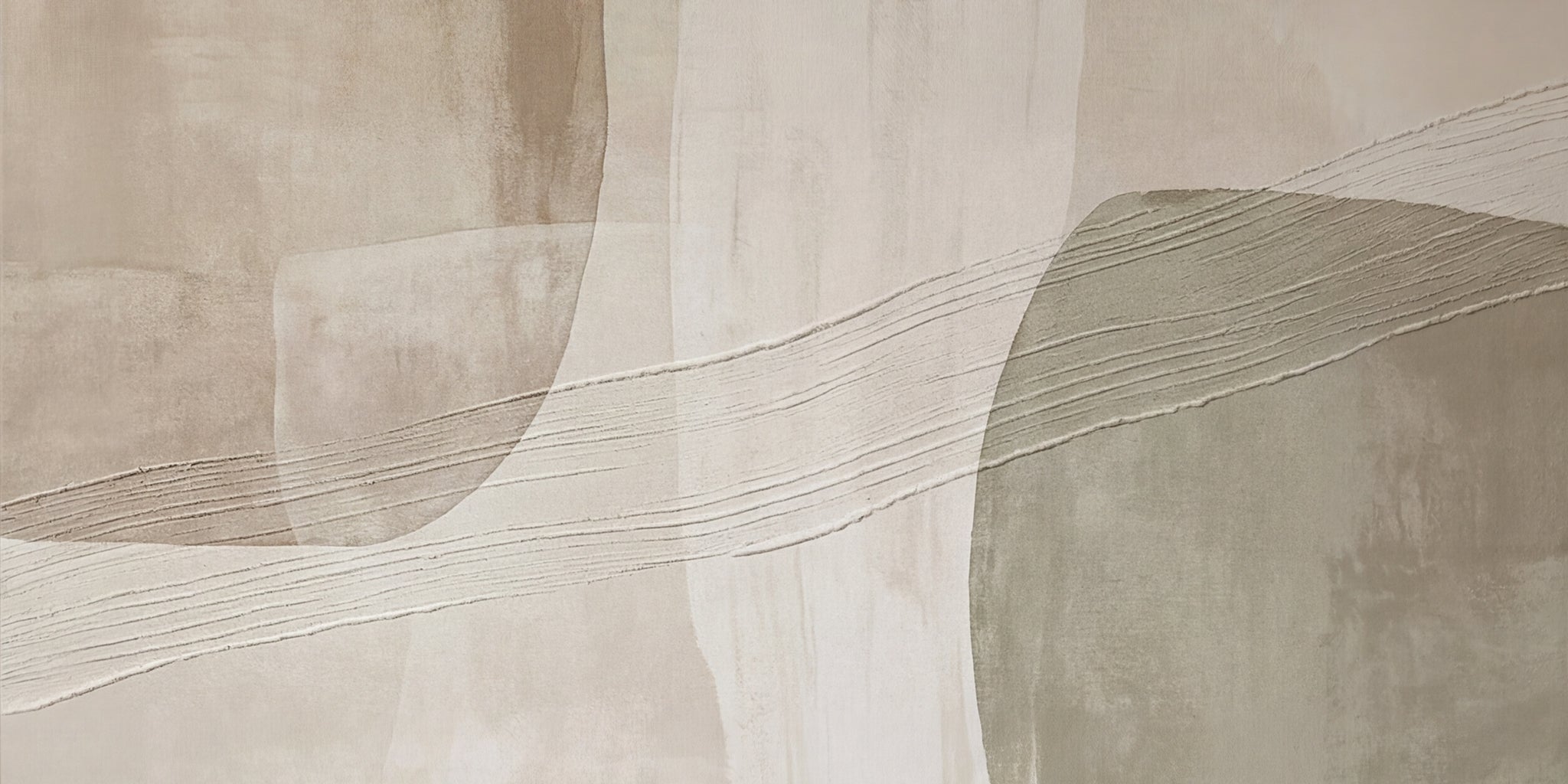 Large horizontal abstract art print featuring a diagonal band of ridged textured strokes intersecting with soft watercolor-like organic shapes in a muted palette of taupe, cream, sage green, and greige, evoking natural geological or atmospheric forms.