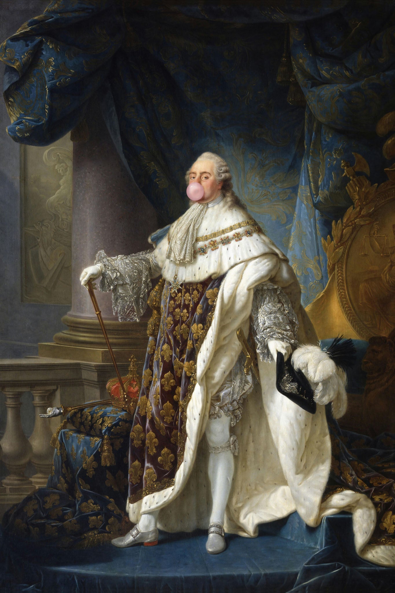 Whimsical take on classic royal portraiture, featuring Louis XVI in opulent regalia with a modern bubble twist.